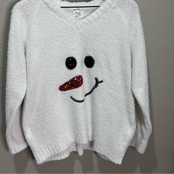 Snowman Sweater Christmas White V-Neck Sparkly Sequin Ugly Holiday Top Grandma - Picture 1 of 11